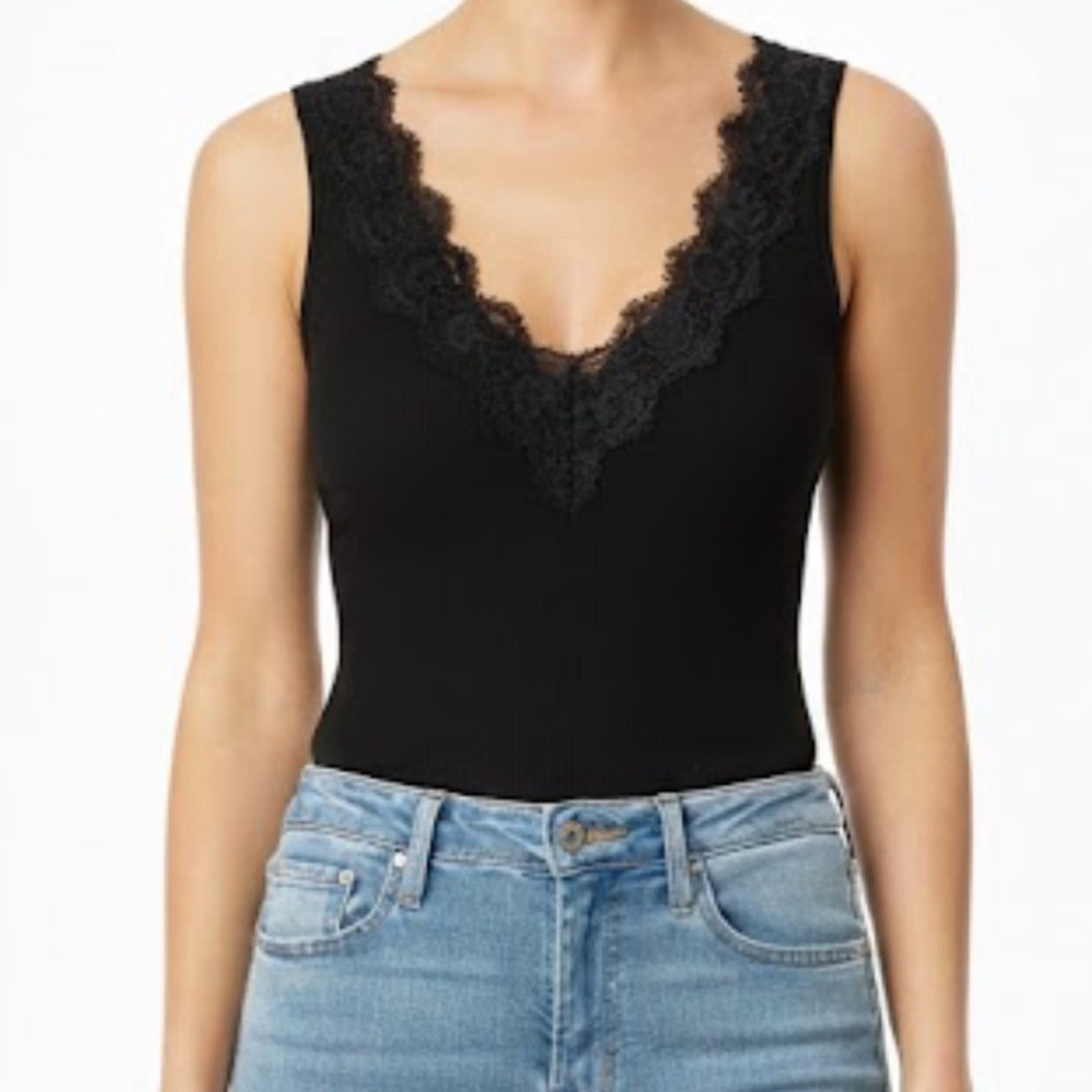 NWOT Halogen Peek-a-boo v neck lace trim ribbed tank top in black womens small